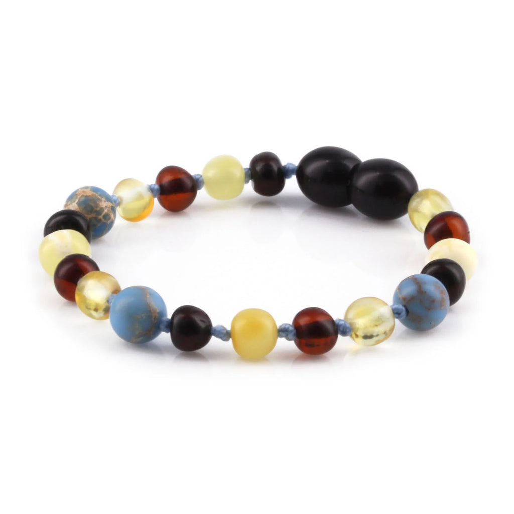 Baltic Amber Teething Bracelet with Sky Blue Imperial Jasper. Baroque 5mm - LE466