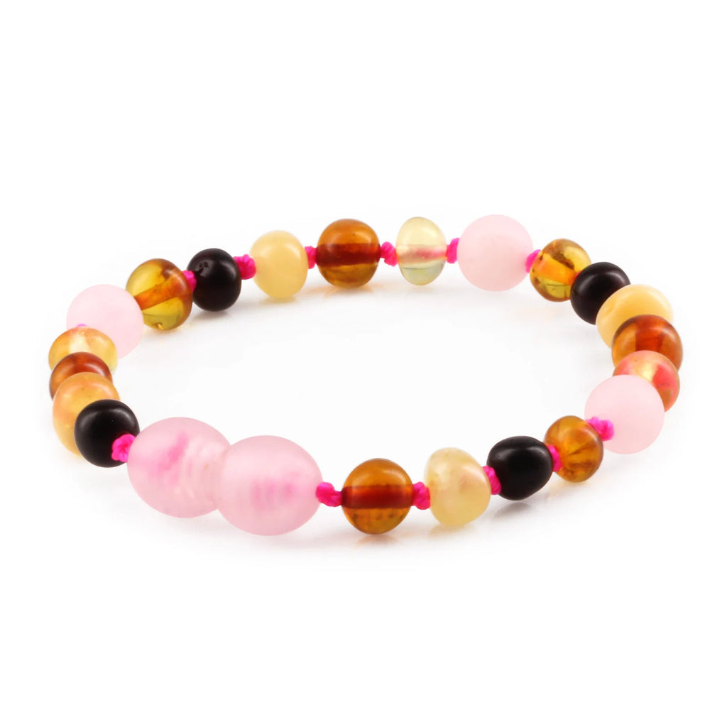 Baltic Amber Teething Bracelet with Rose Quartz. Baroque 5mm - LE459