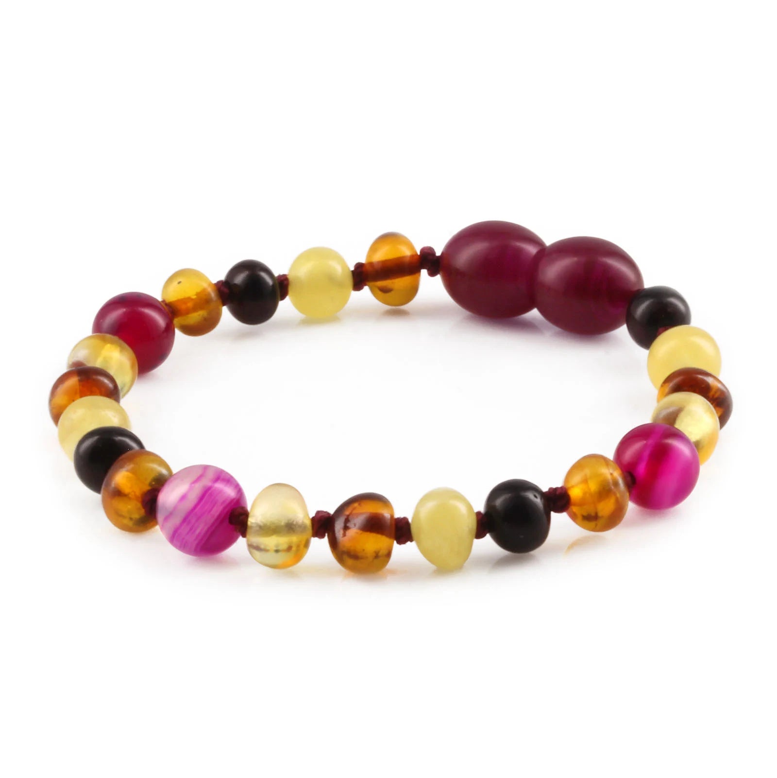 Baltic Amber Teething Bracelet with Pink Lace Agate. Baroque 5mm - LE458