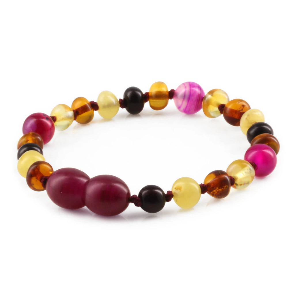 Baltic Amber Teething Bracelet with Pink Lace Agate. Baroque 5mm - LE458