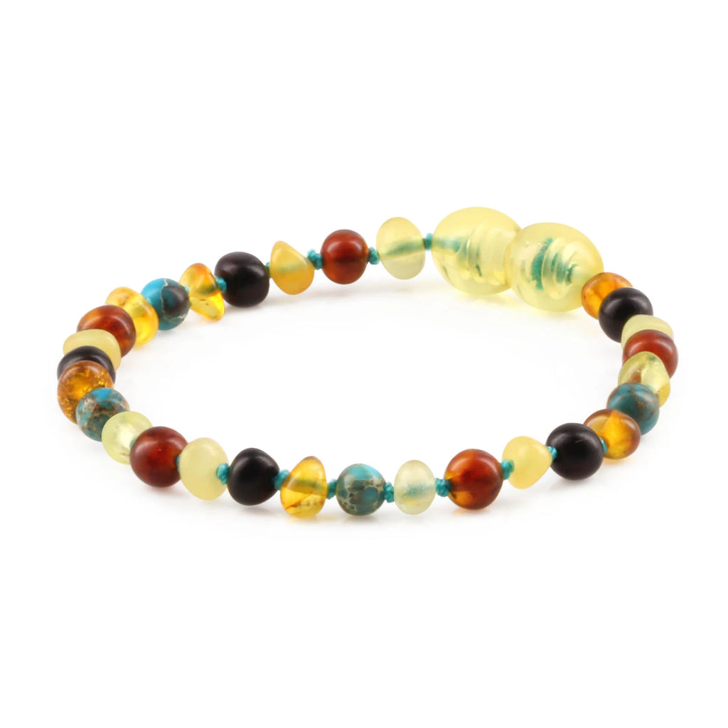Baltic Amber Teething Bracelet with Lake Blue Imperial Jasper. Baroque 4mm - LE516