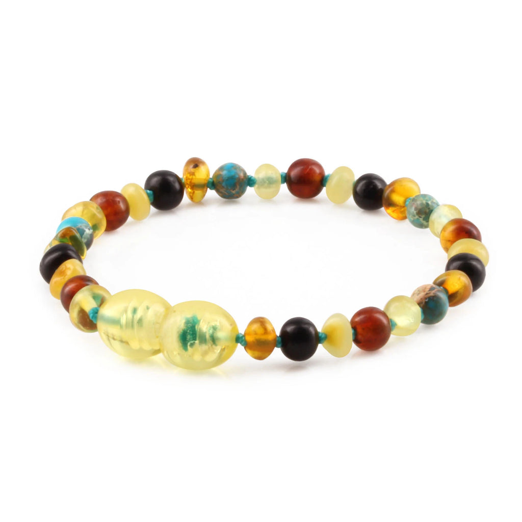 Baltic Amber Teething Bracelet with Lake Blue Imperial Jasper. Baroque 4mm - LE516