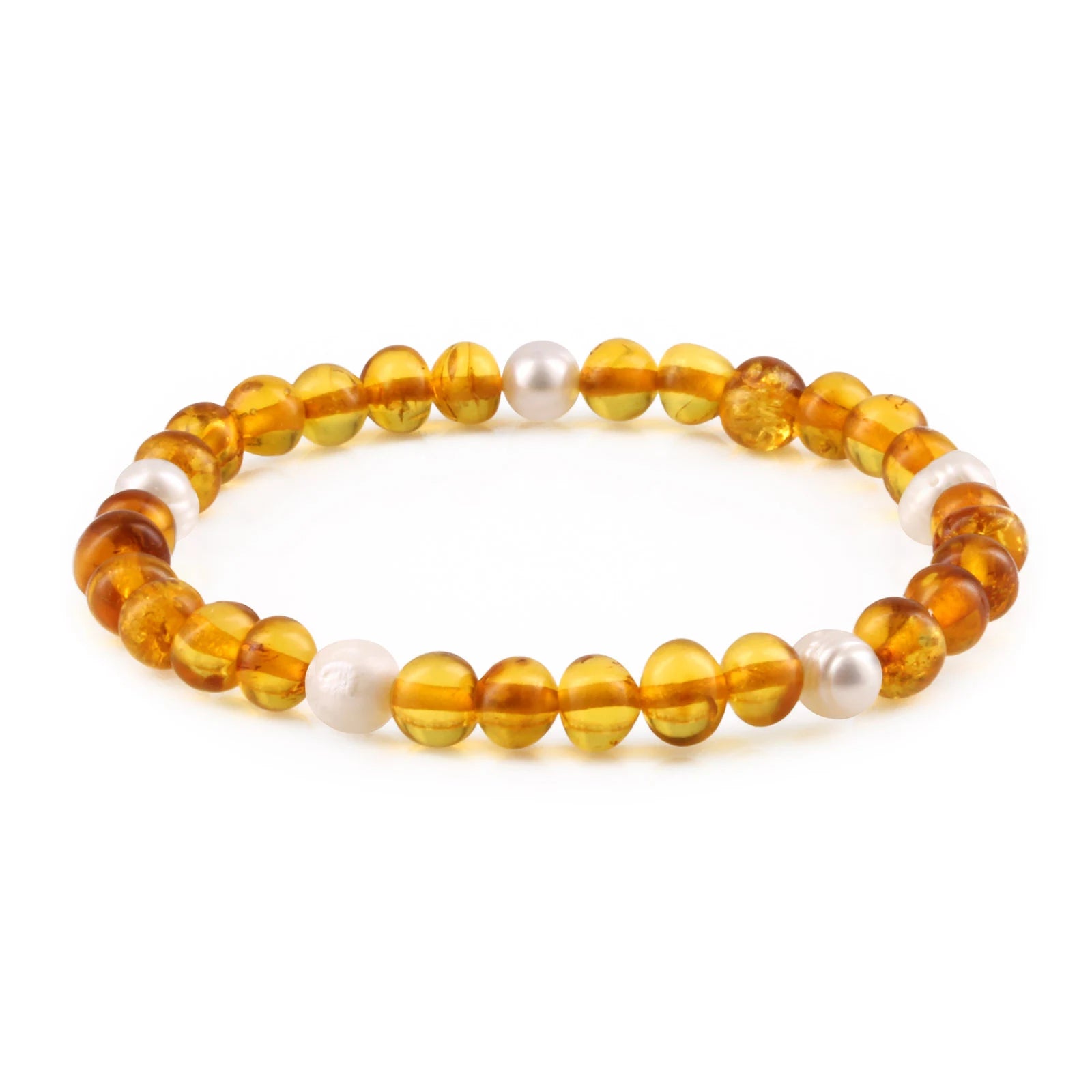 Natural Baltic Amber Adult Bracelet with Freshwater Pearl. Baroque 6mm - P1