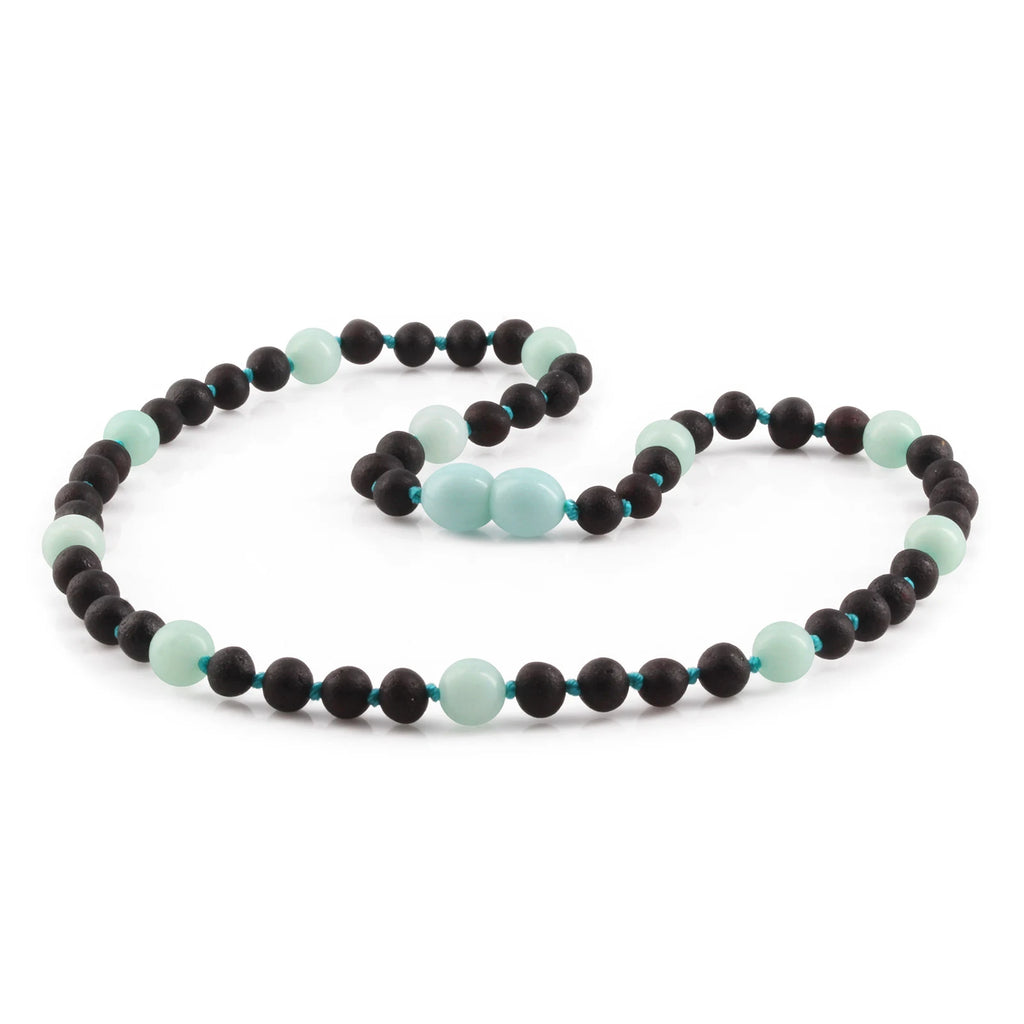 Natural Baltic Amber Junior Necklace with Sky Blue Jade. Baroque 5mm - JN85