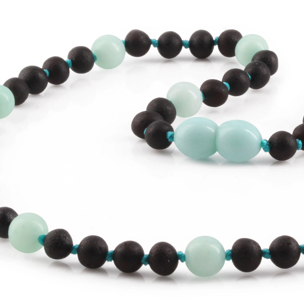 Natural Baltic Amber Junior Necklace with Sky Blue Jade. Baroque 5mm - JN85