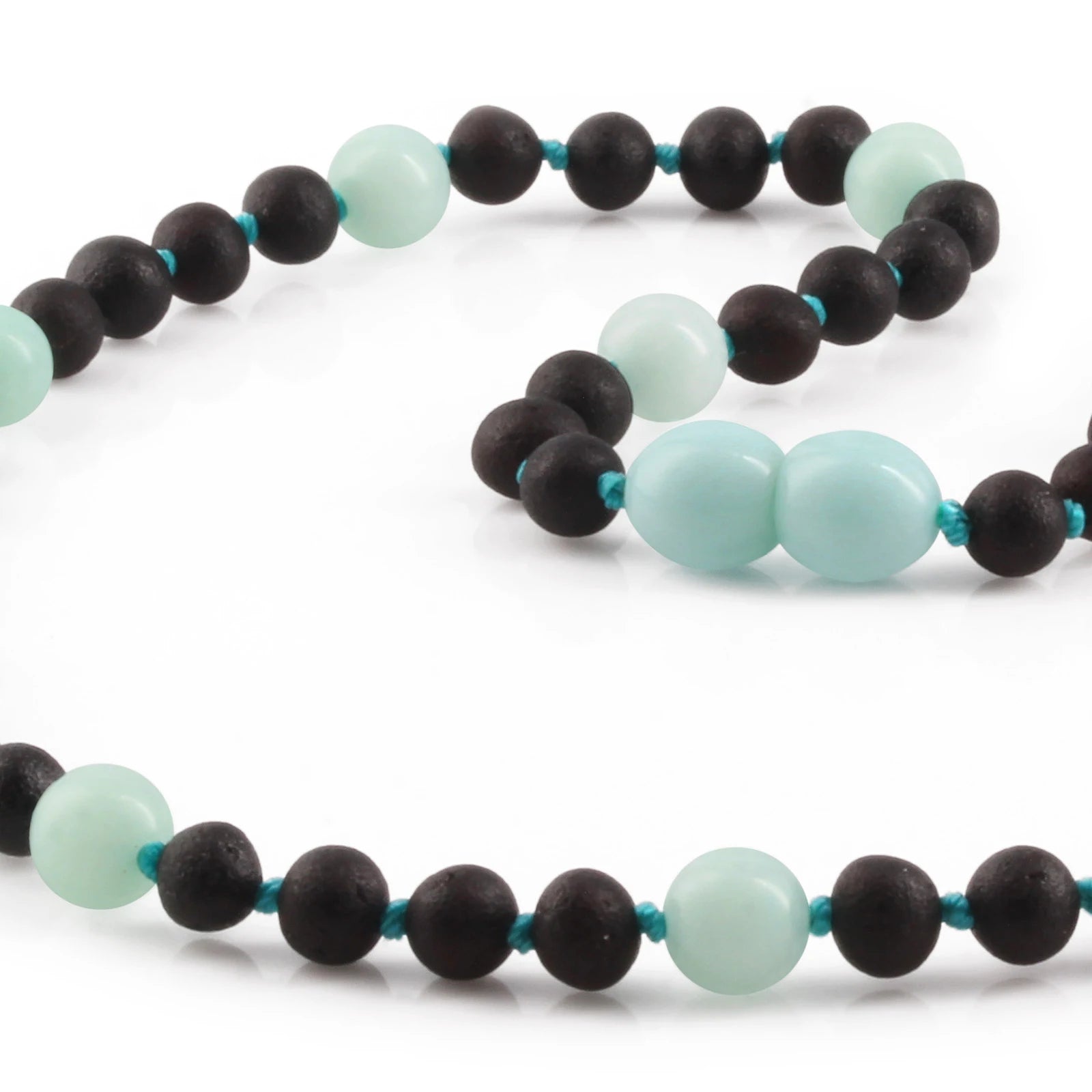 Natural Baltic Amber Junior Necklace with Sky Blue Jade. Baroque 5mm - JN85