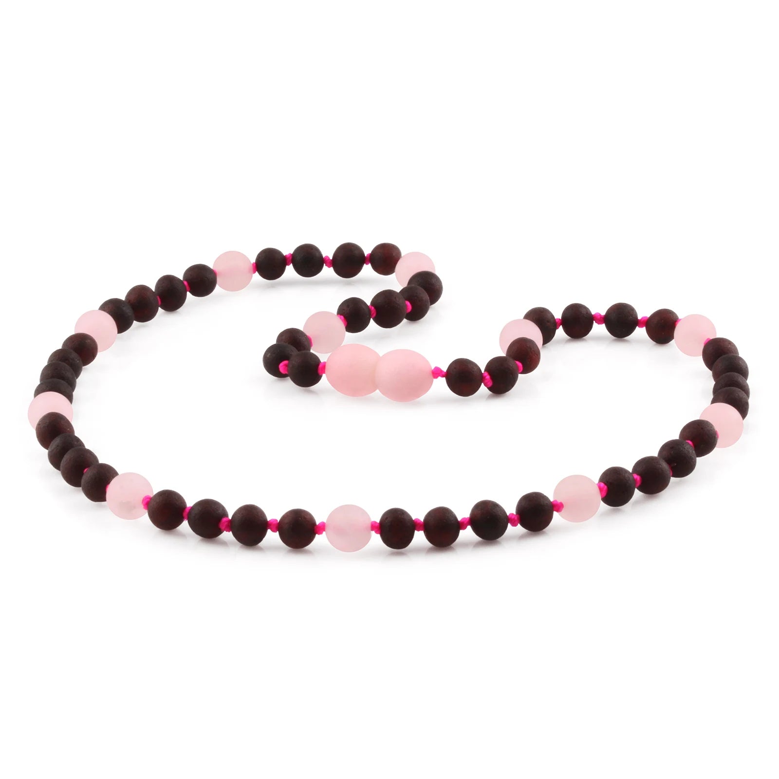 Natural Baltic Amber Junior Necklace with Rose Quartz. Baroque 5mm - JN88