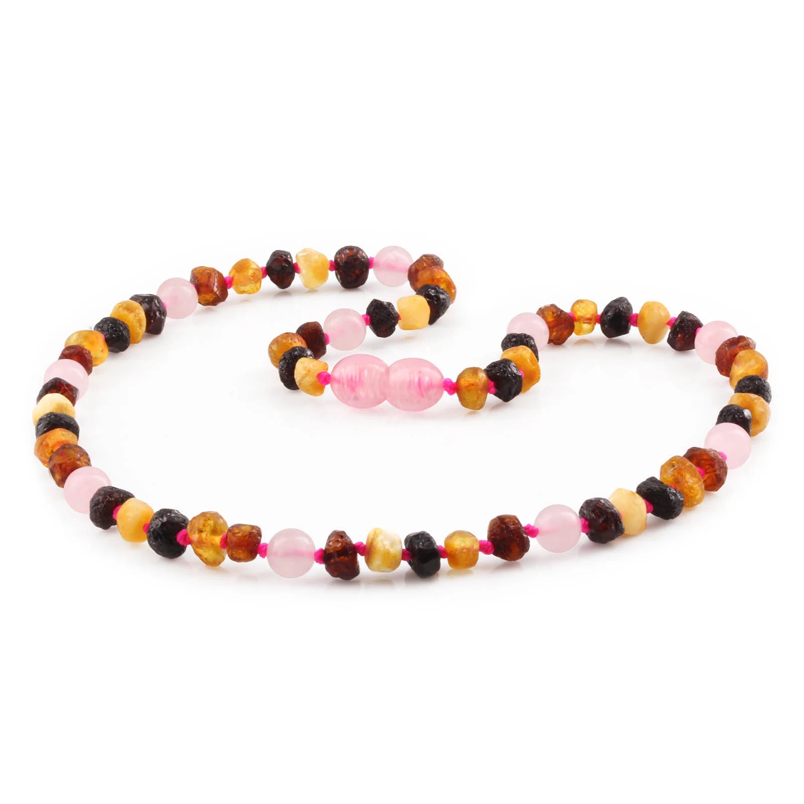 Natural Baltic Amber Junior Necklace with Rose Quartz. Baroque 5mm - JN92