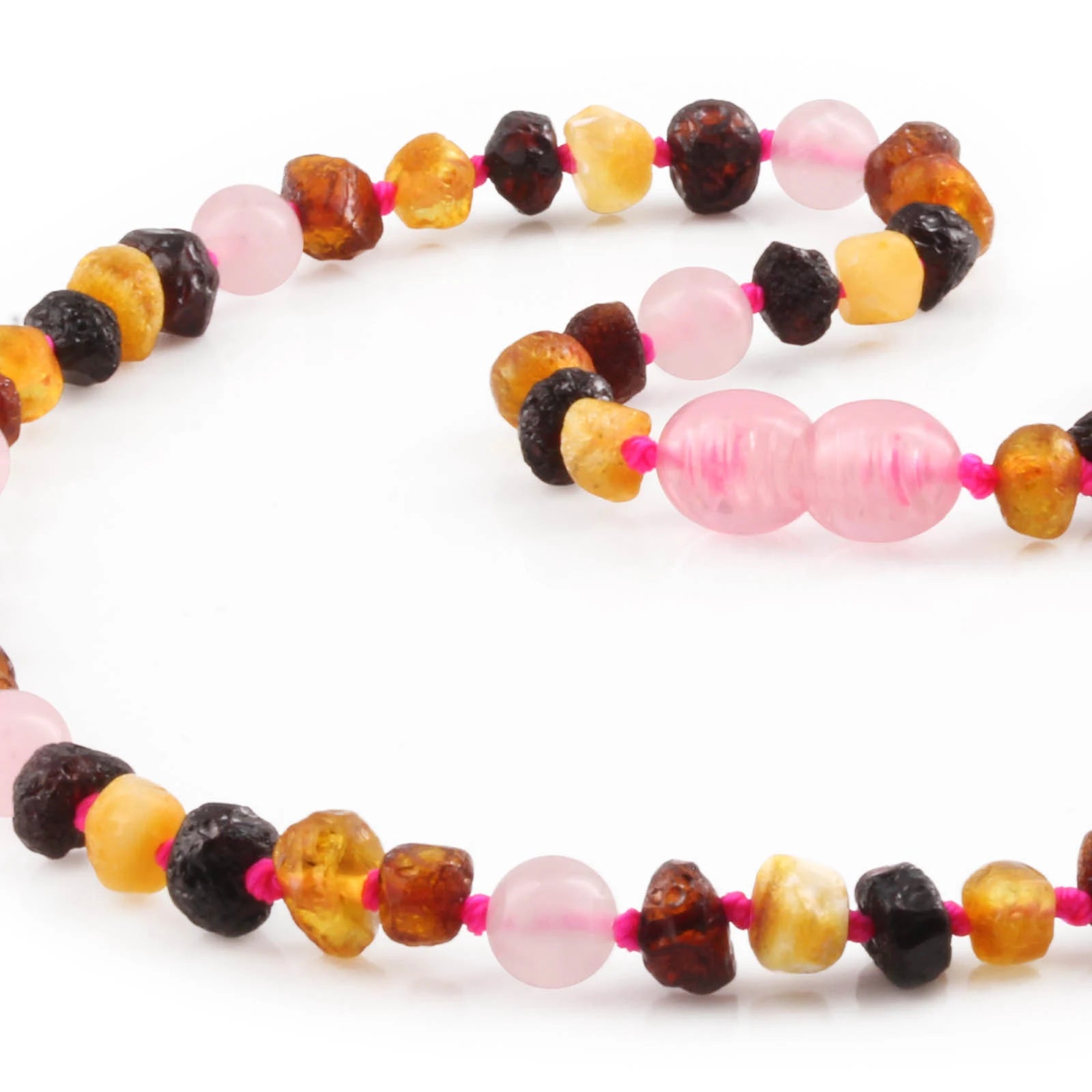 Natural Baltic Amber Junior Necklace with Rose Quartz. Baroque 5mm - JN92