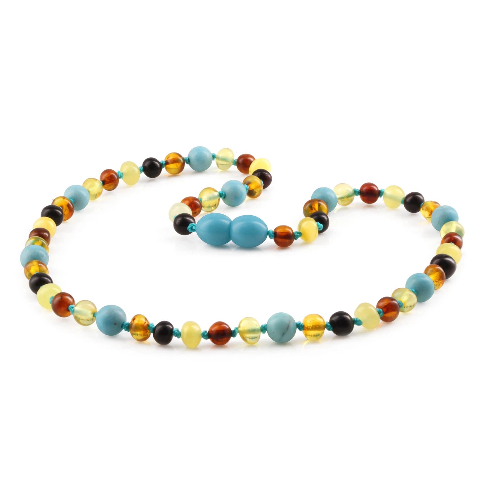Natural Baltic Amber Junior Necklace with Turquoise. Baroque 5mm - JN95