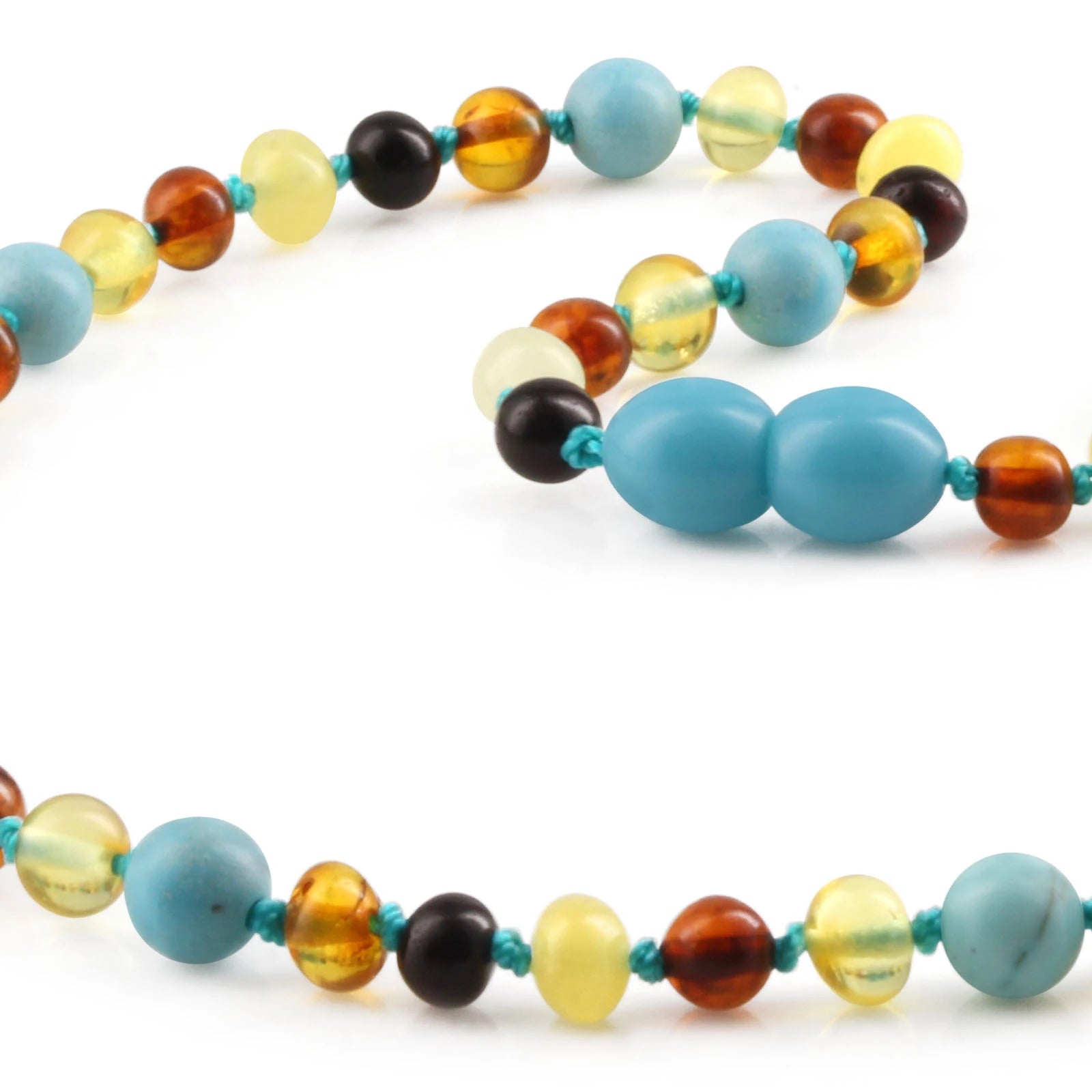Natural Baltic Amber Junior Necklace with Turquoise. Baroque 5mm - JN95