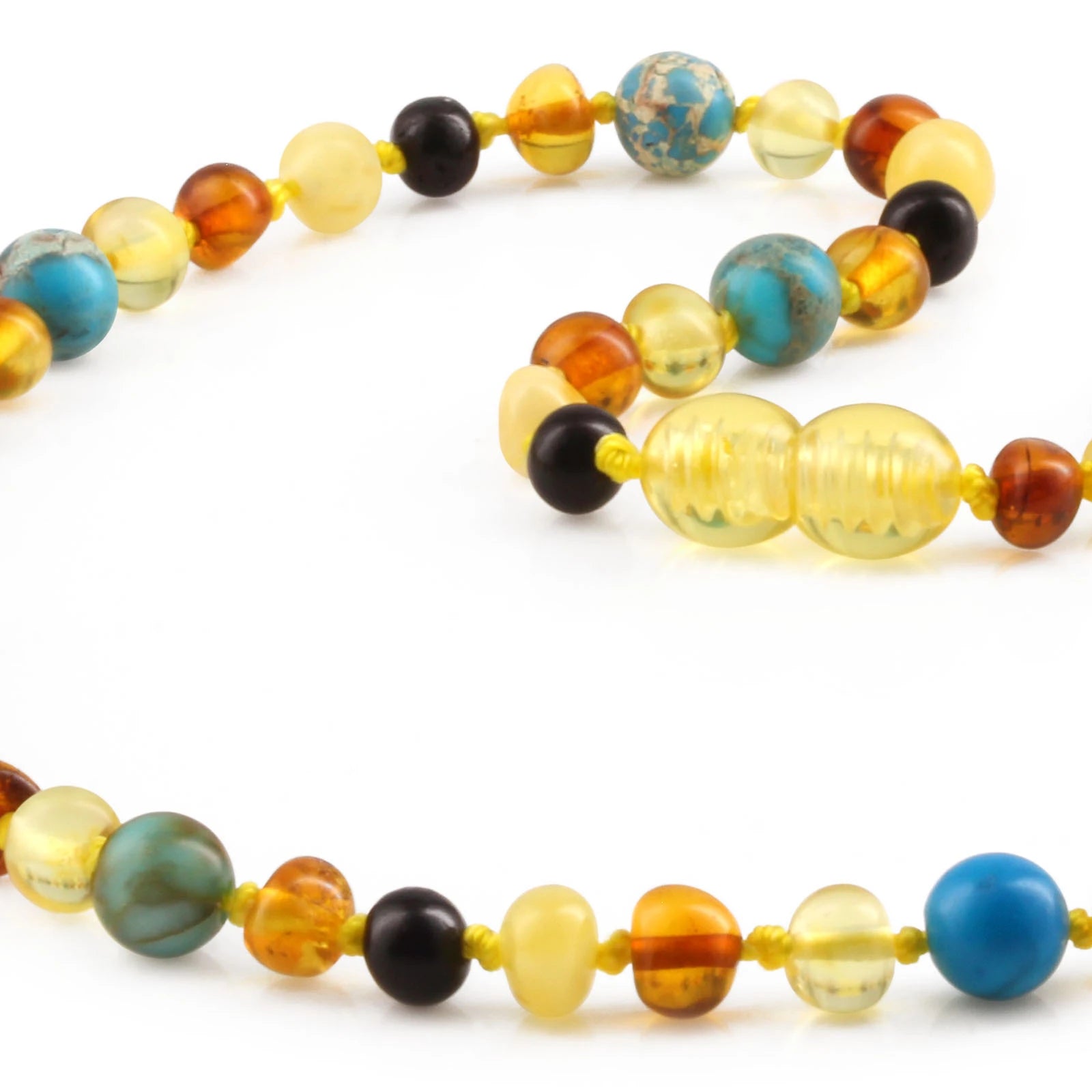 Natural Baltic Amber Junior Necklace with Lake Blue Imperial Jasper. Baroque 5mm - JN96