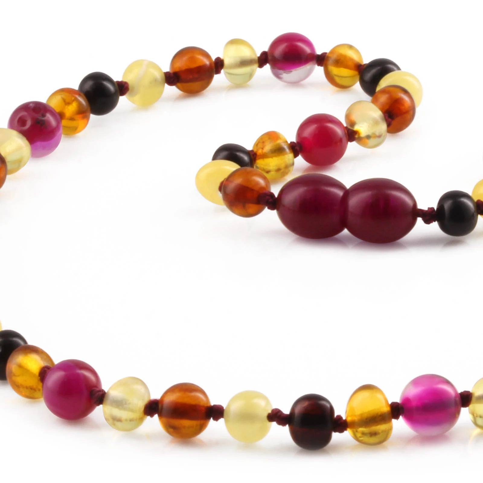 Natural Baltic Amber Junior Necklace with Pink Lace Agate. Baroque 5mm - JN97