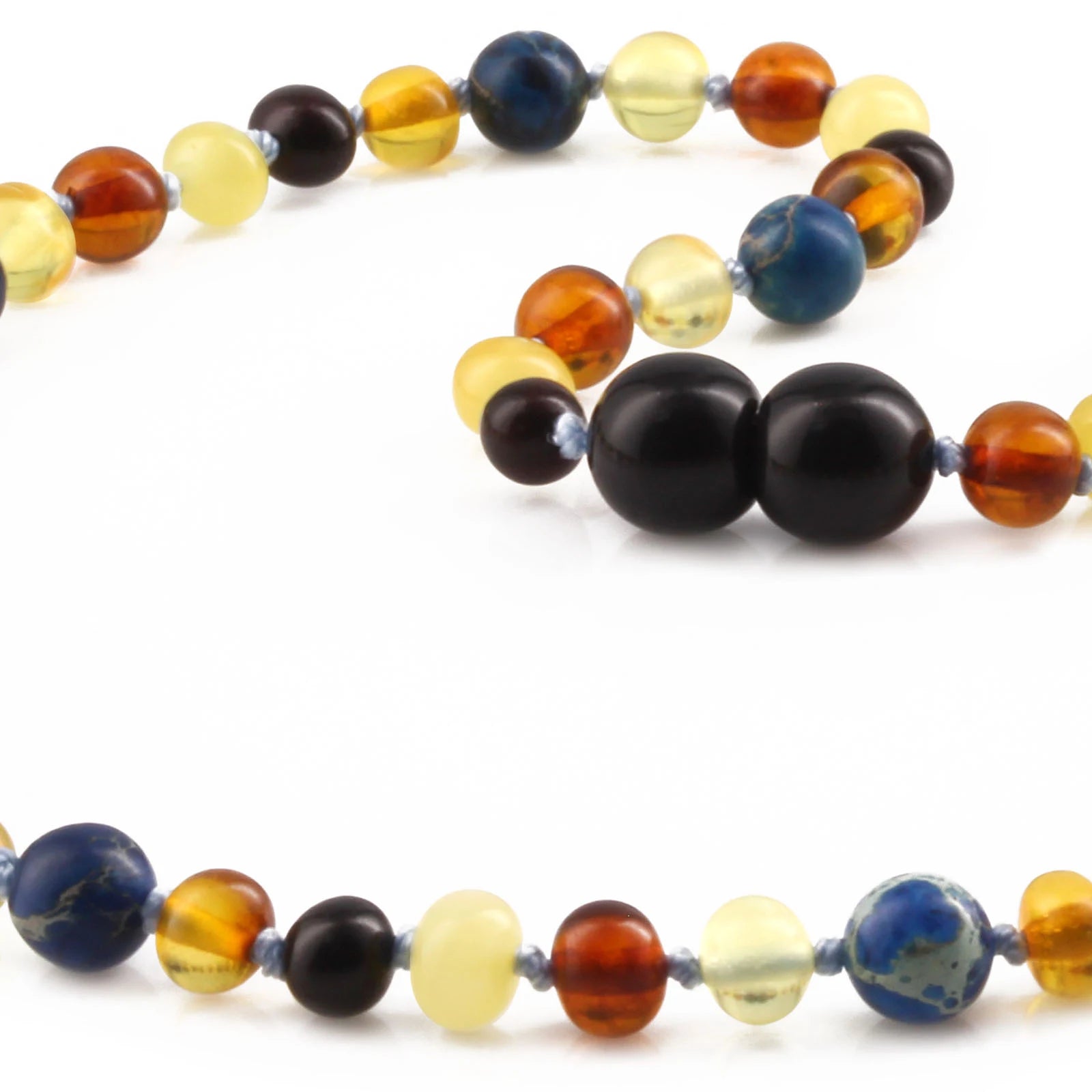 Natural Baltic Amber Junior Necklace with Deep Blue Imperial Jasper. Baroque 5mm - JN101