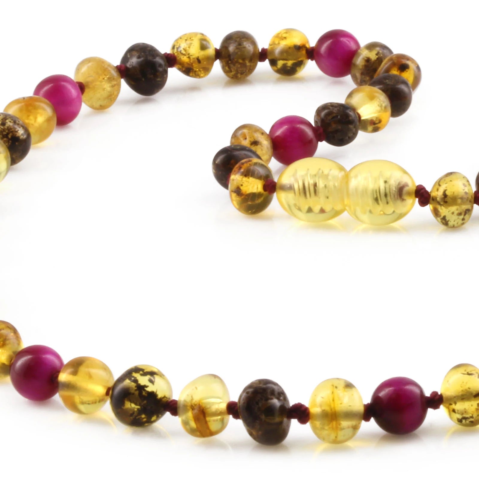 Natural Baltic Amber Junior Necklace with Magenta Tiger Eye. Baroque 5mm - JN102