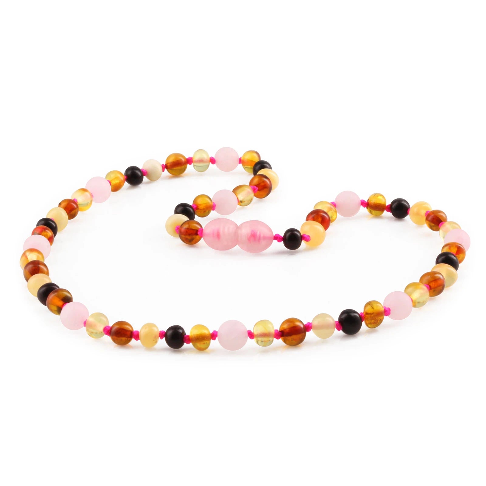 Natural Baltic Amber Junior Necklace with Rose Quartz. Baroque 5mm - JN99