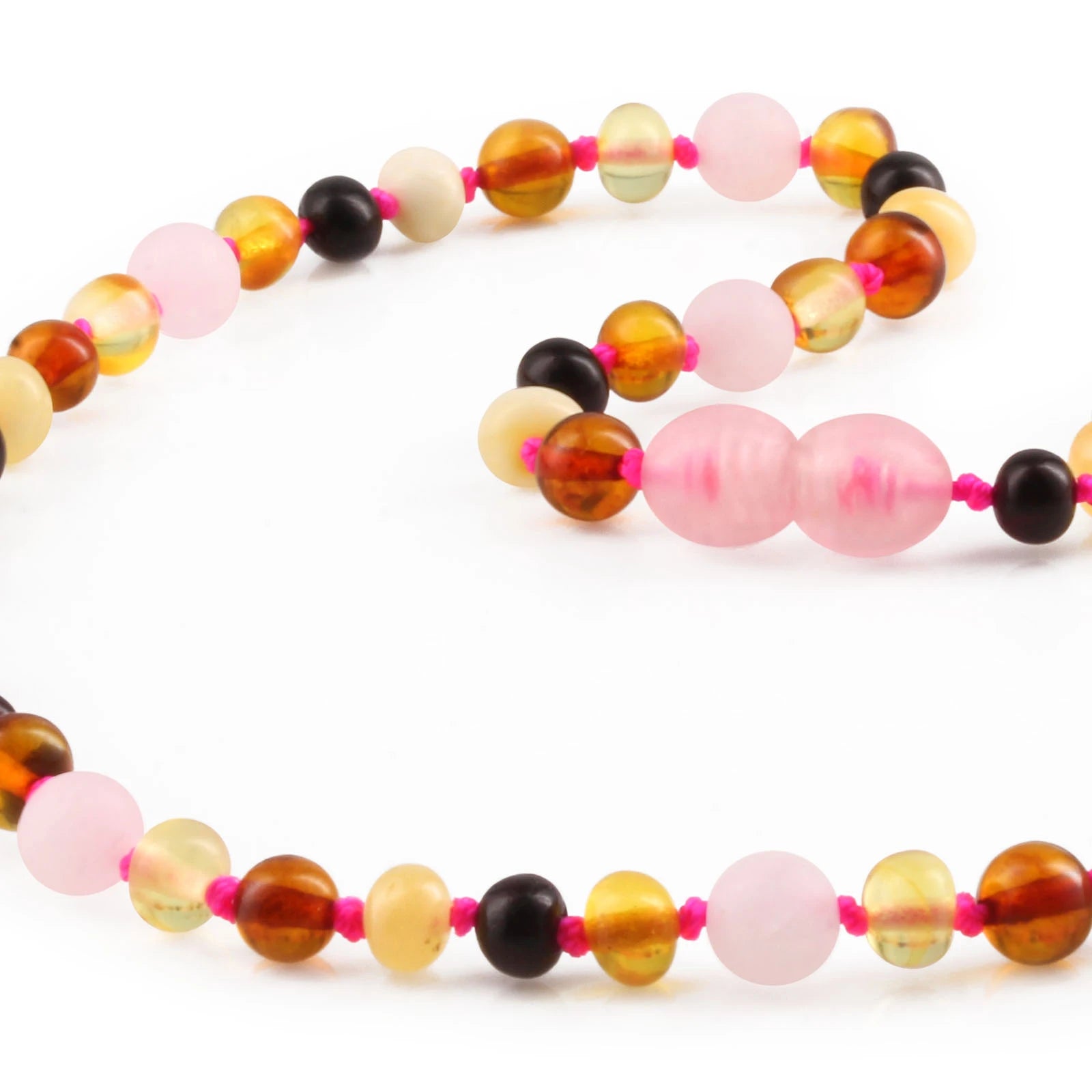 Natural Baltic Amber Junior Necklace with Rose Quartz. Baroque 5mm - JN99