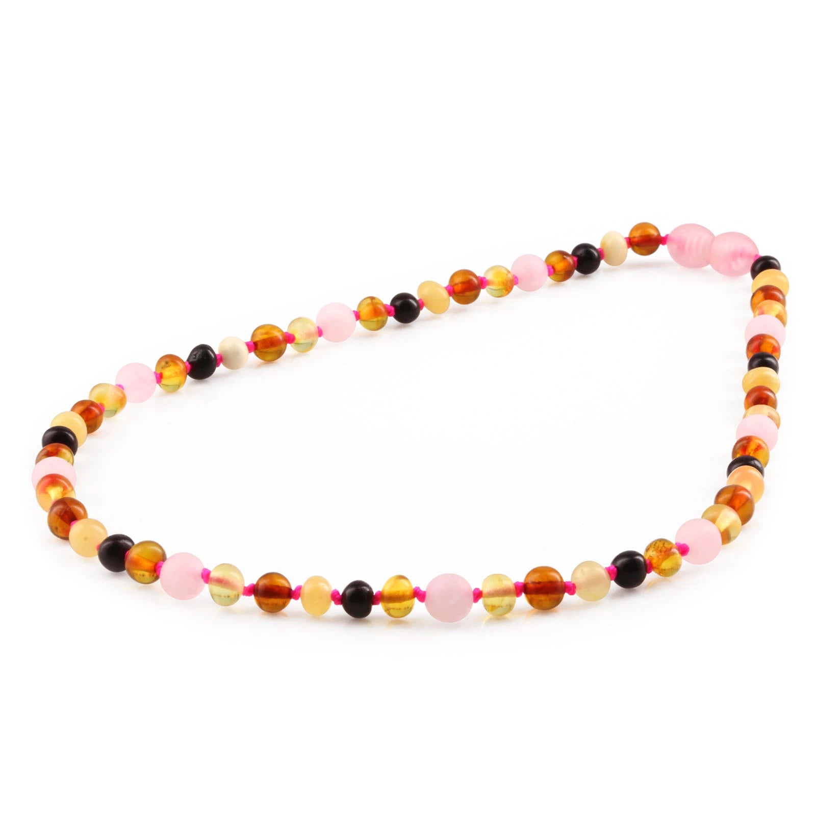Natural Baltic Amber Junior Necklace with Rose Quartz. Baroque 5mm - JN99