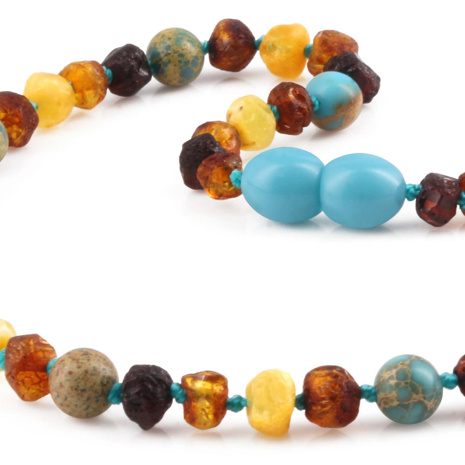Baltic Amber Teething Necklace with Lake Blue Imperial Jasper. Baroque 5mm - LE471 V2