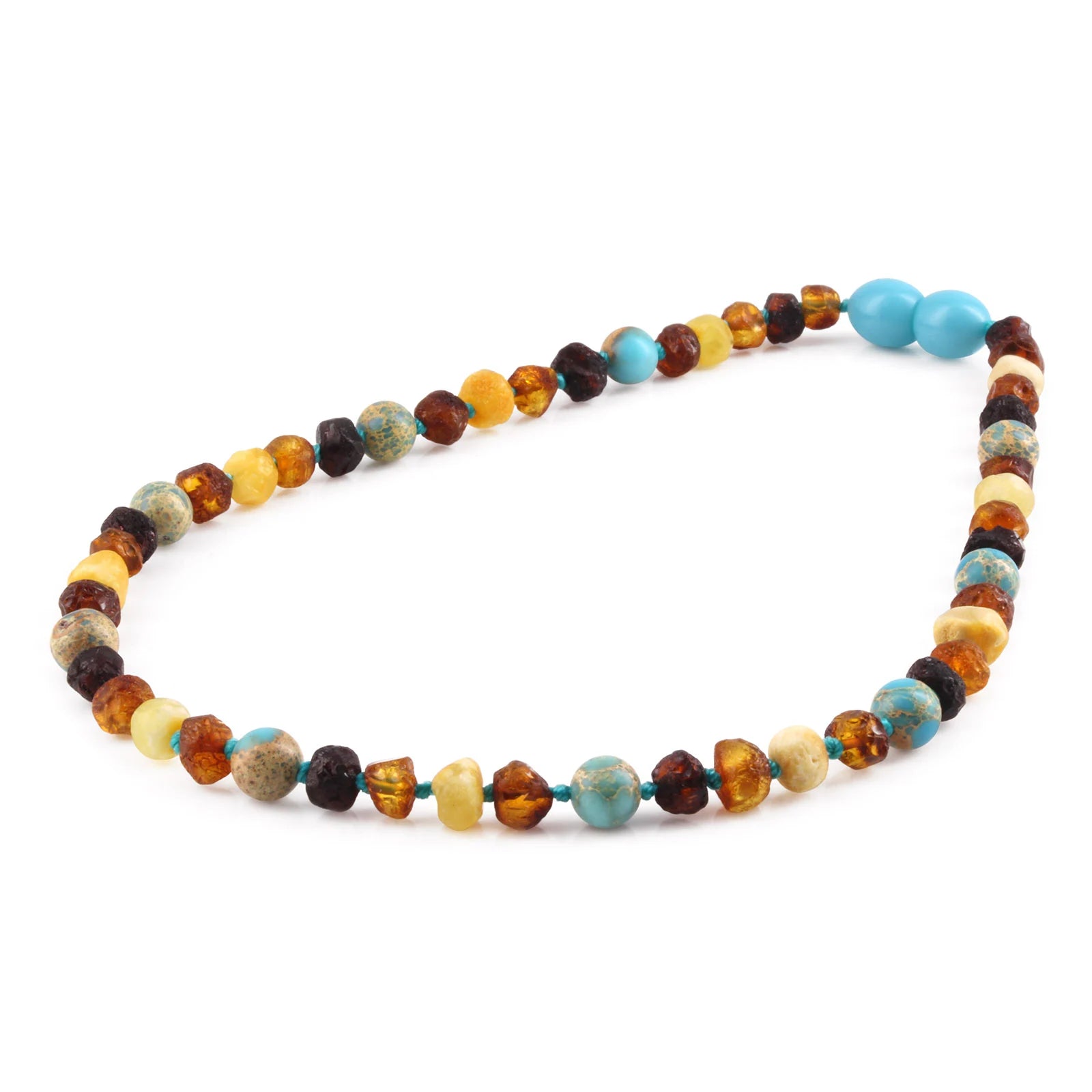 Baltic Amber Teething Necklace with Lake Blue Imperial Jasper. Baroque 5mm - LE471 V2