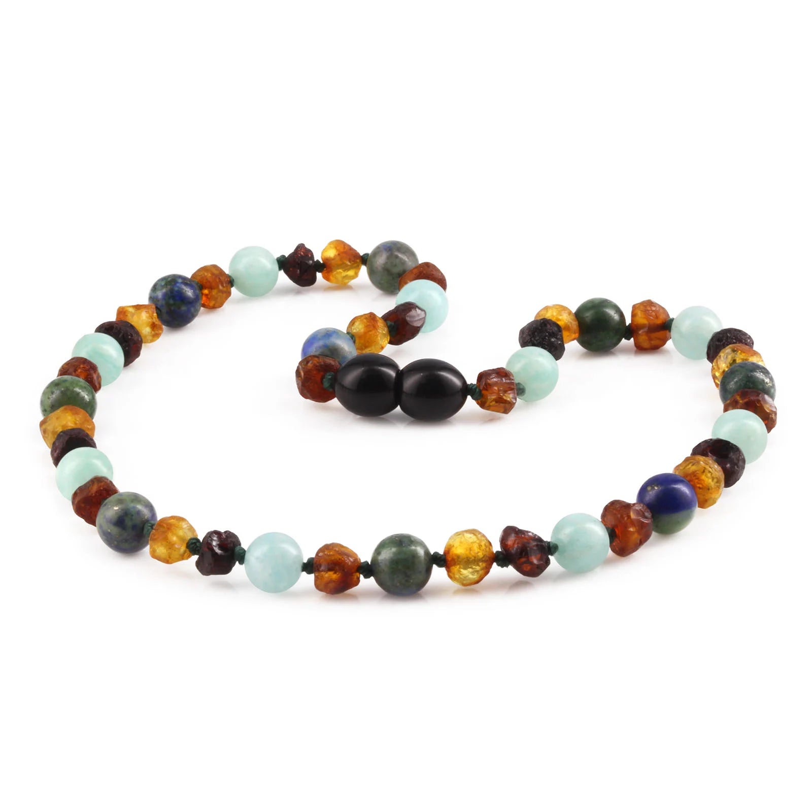 Baltic Amber Teething Necklace with Sky Blue Jade & Azurite. Baroque 5mm - LE470 V2