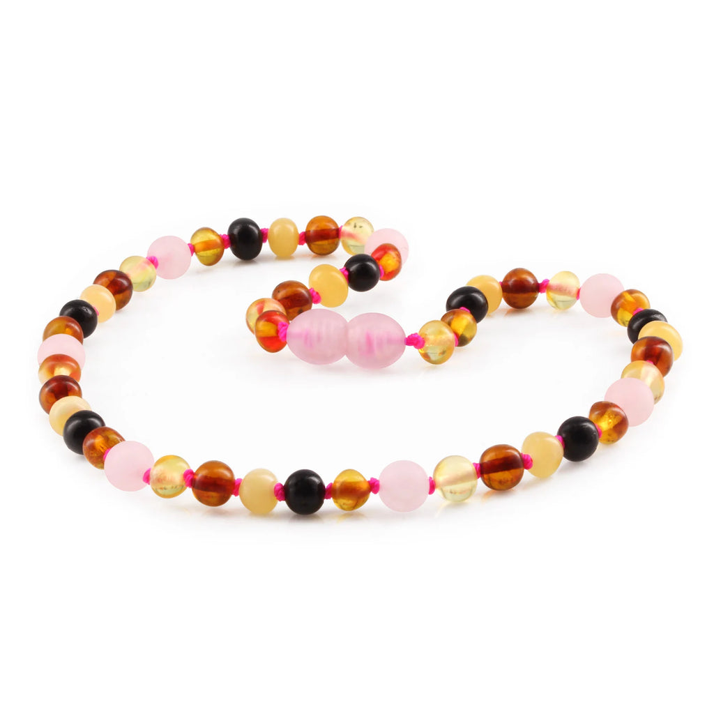 Baltic Amber Teething Necklace with Rose Quartz. Baroque 5mm - LE459