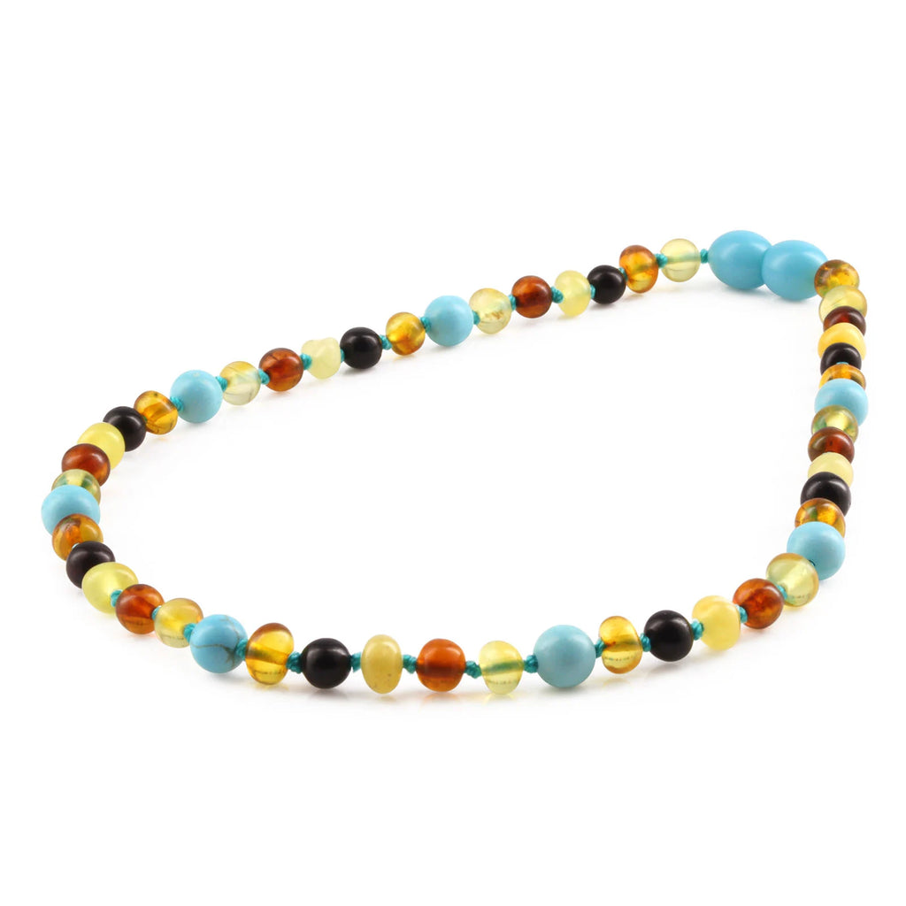 Baltic Amber Teething Necklace with Turquoise. Baroque 5mm - LE465