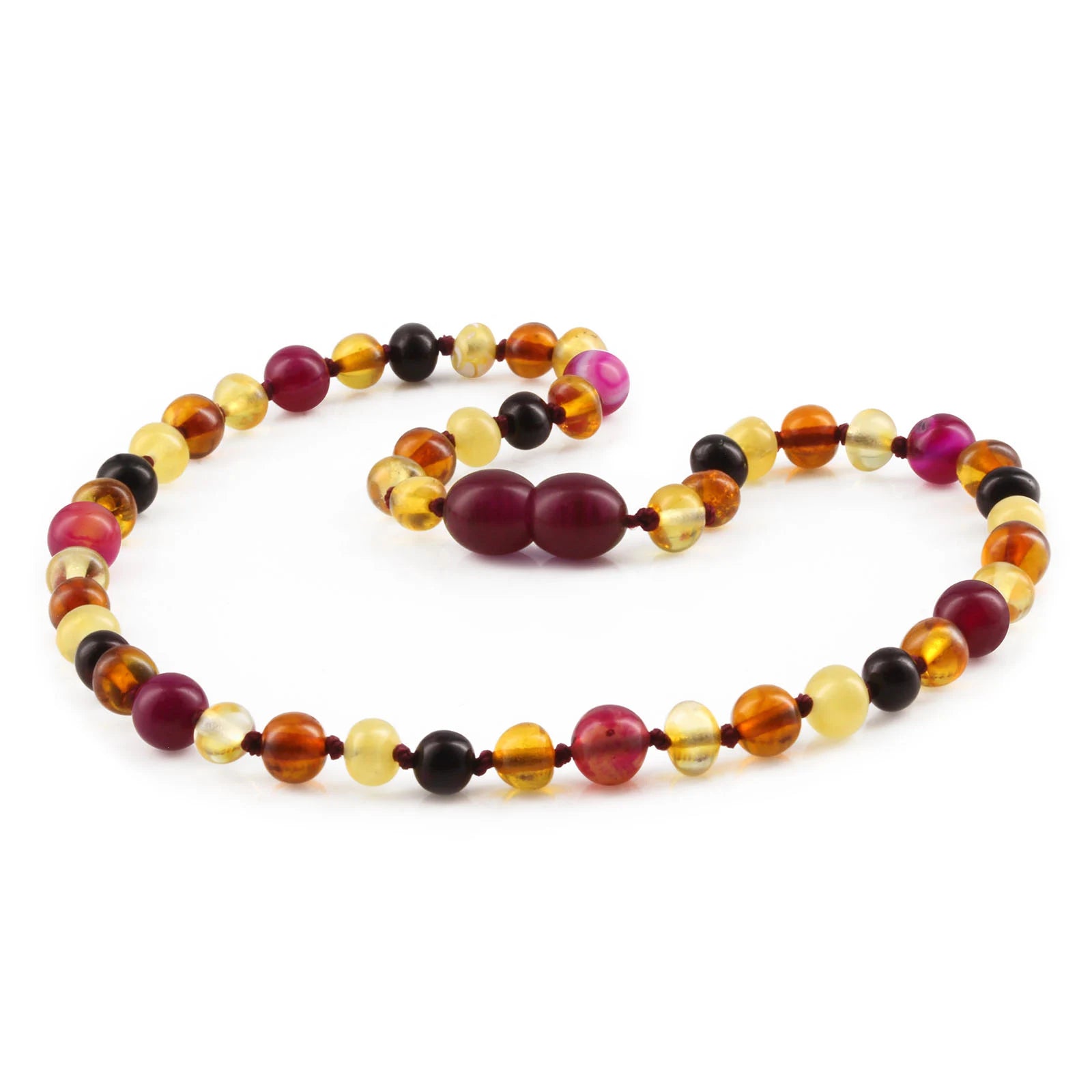 Baltic Amber Teething Necklace with Pink Lace Agate. Baroque 5mm - LE458