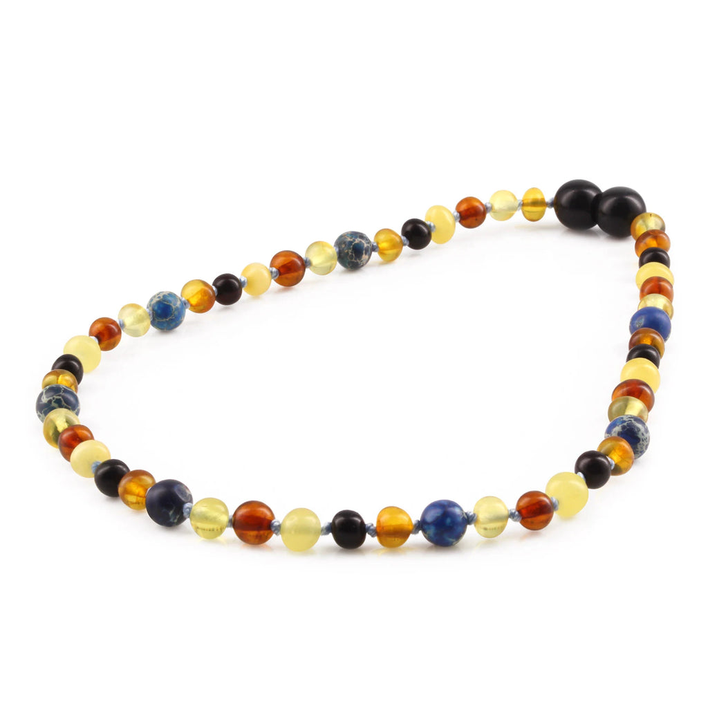 Baltic Amber Teething Necklace with Deep Blue Imperial Jasper. Baroque 5mm - LE555