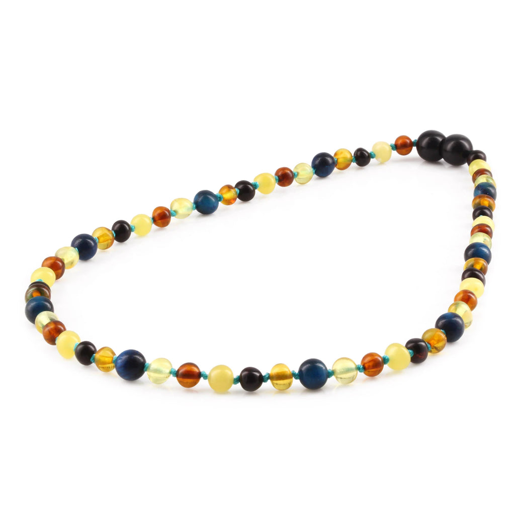 Natural Baltic Amber Junior Necklace with Blue Tiger Eye. Baroque 5mm - JN93