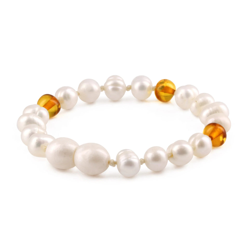 White Freshwater Pearl Kids Bracelet with Baltic Amber 6mm - P2