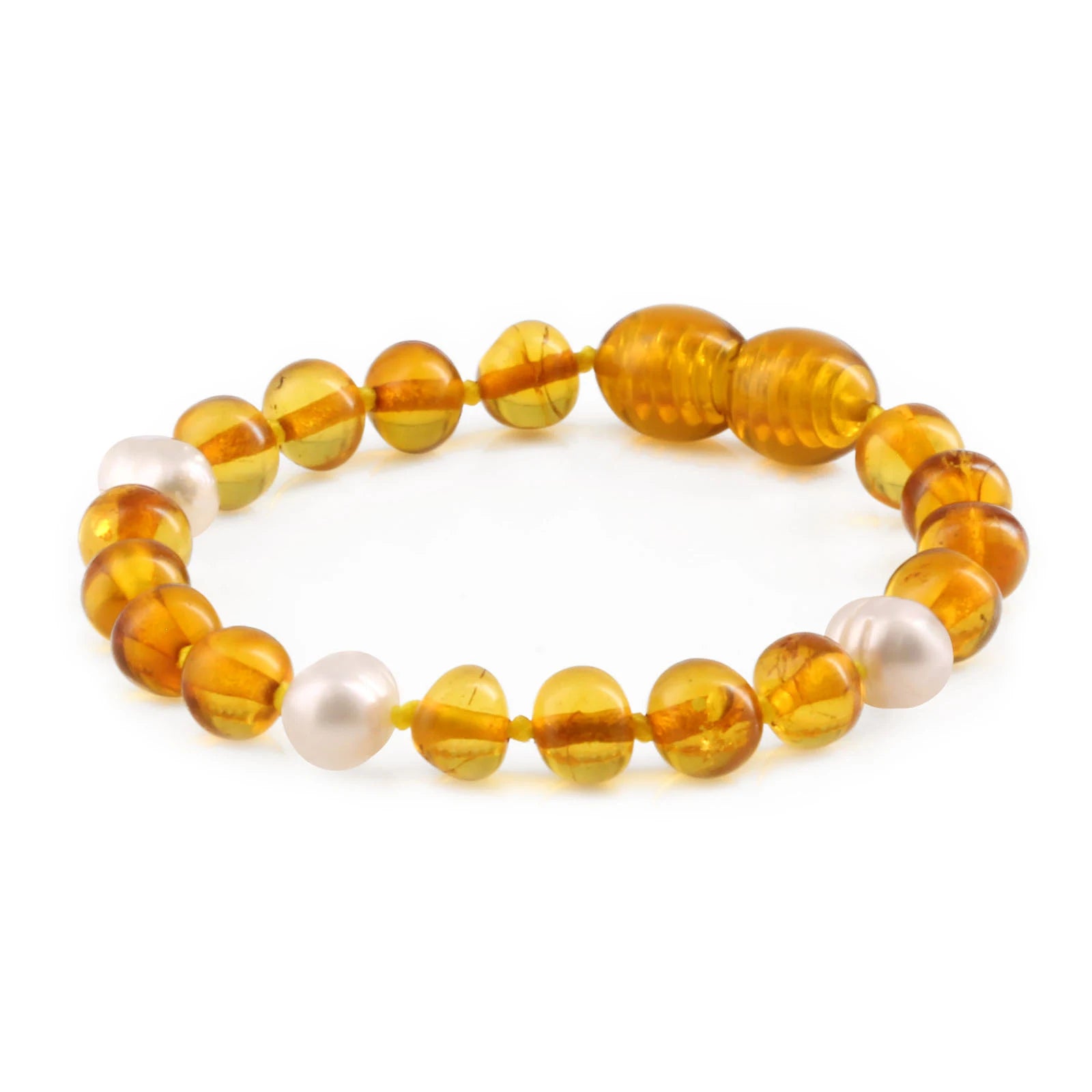 Baltic Amber Teething Bracelet with Freshwater Pearl. Baroque 6mm - P1