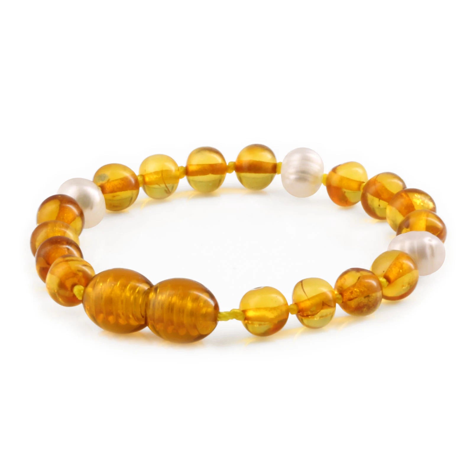 Baltic Amber Teething Bracelet with Freshwater Pearl. Baroque 6mm - P1