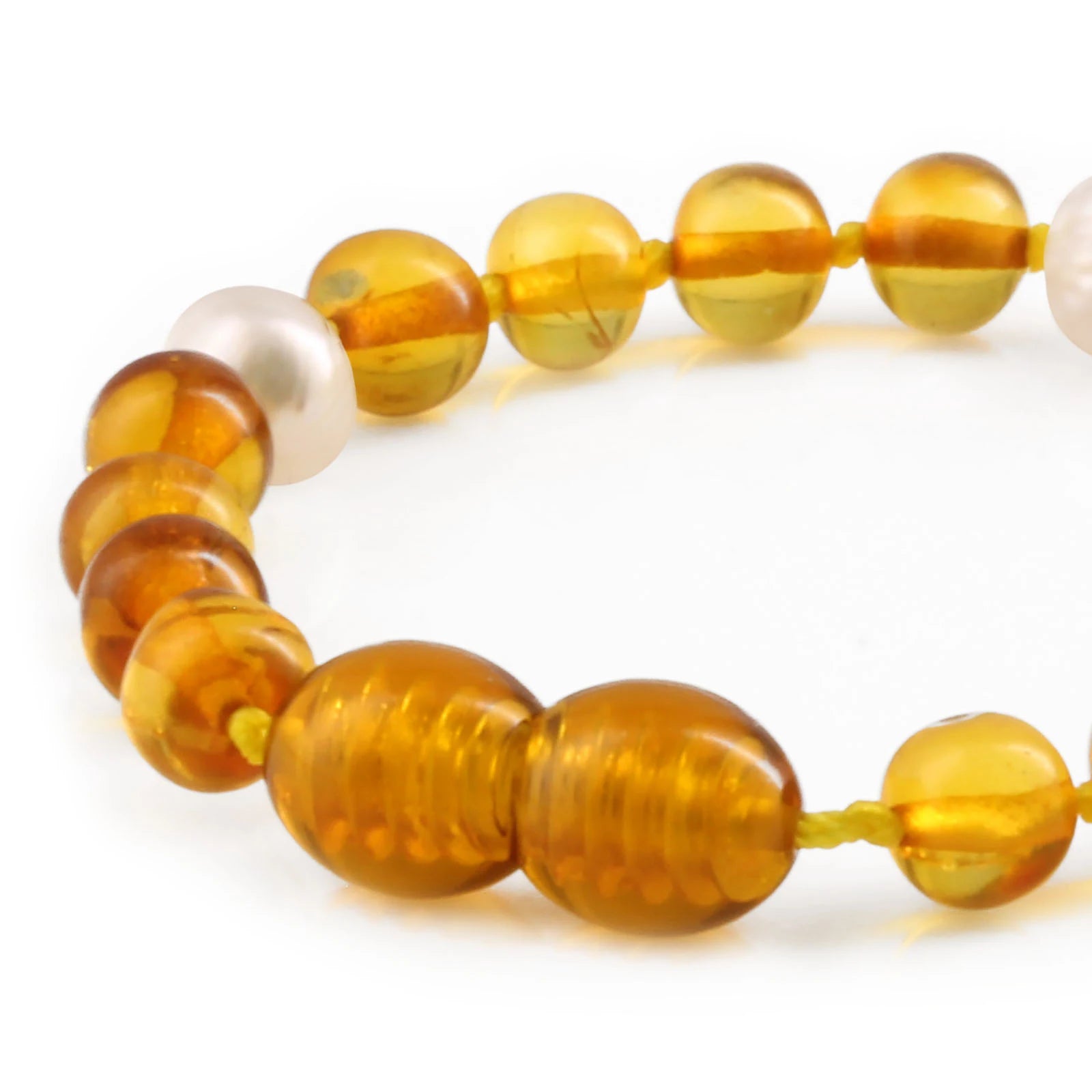 Baltic Amber Teething Bracelet with Freshwater Pearl. Baroque 6mm - P1