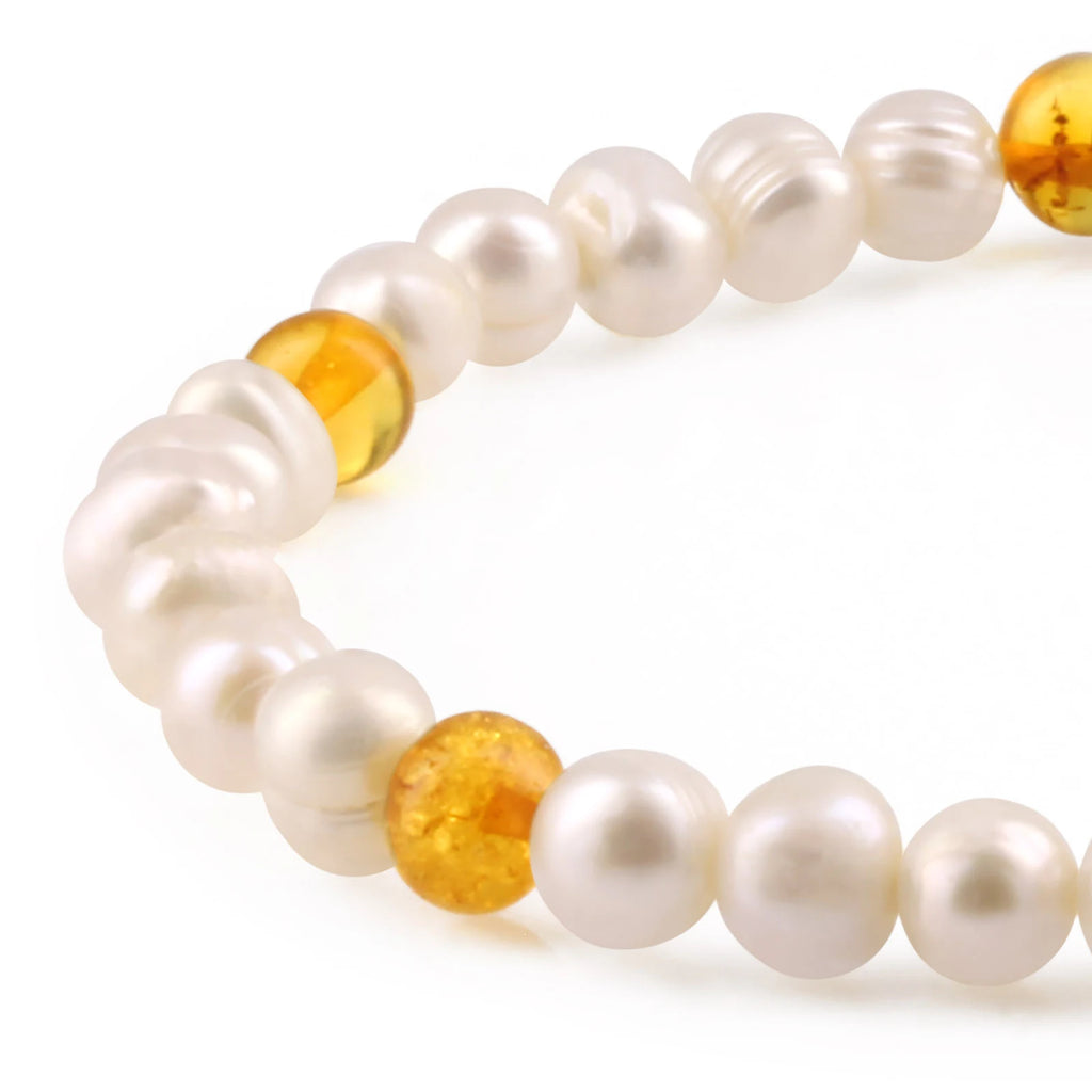 White Freshwater Pearl Adult Bracelet with Baltic Amber 6mm - P2