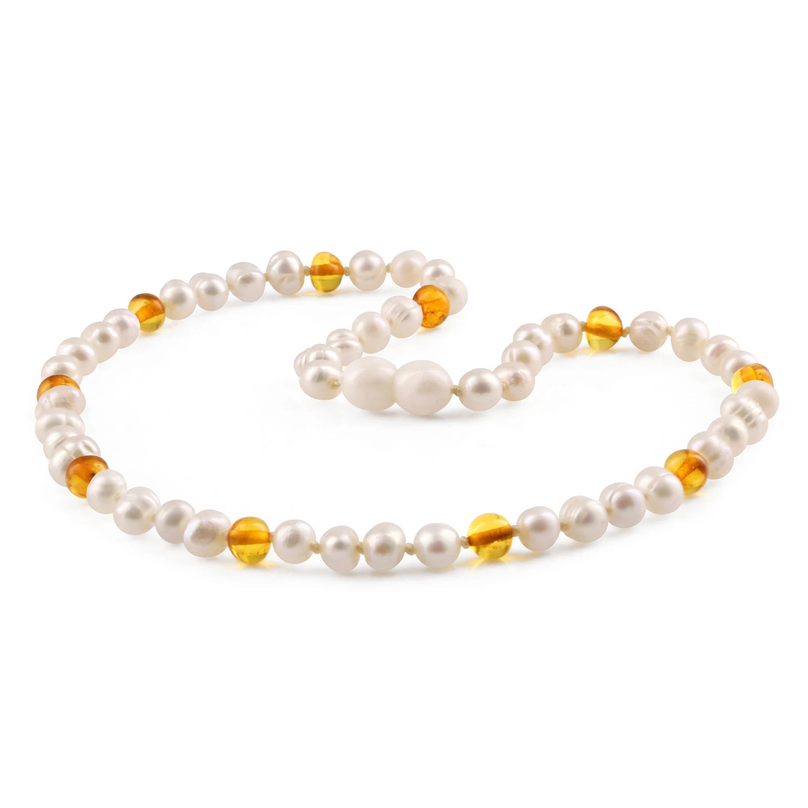 White Freshwater Pearl Junior Necklace with Baltic Amber 6mm - P2