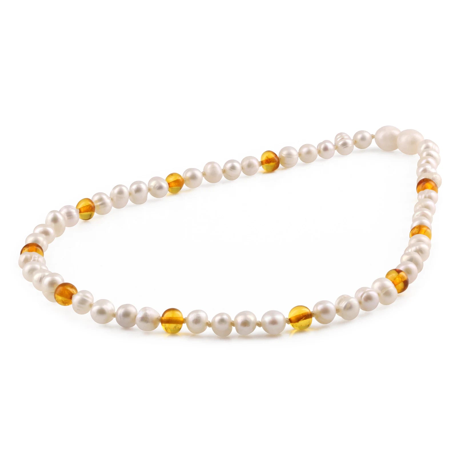 White Freshwater Pearl Junior Necklace with Baltic Amber 6mm - P2