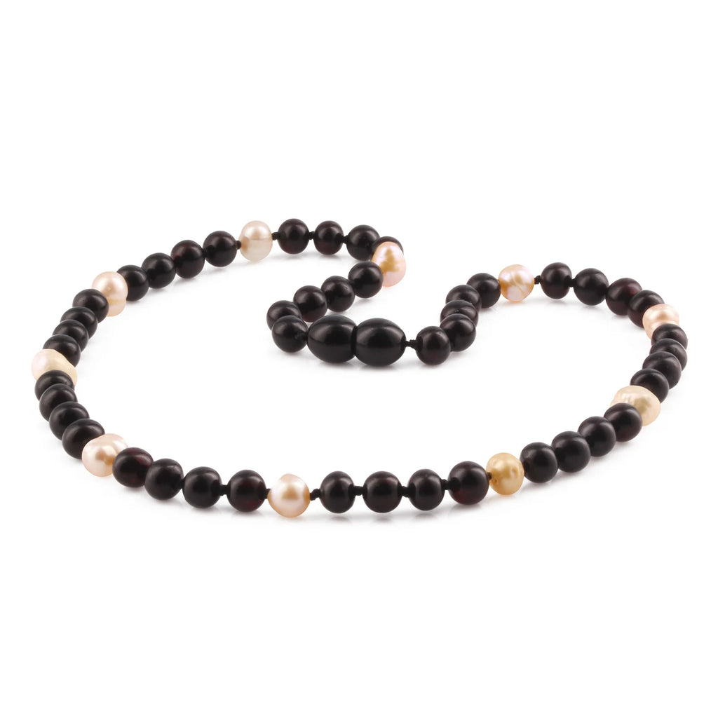 Natural Baltic Amber Junior Necklace with Freshwater Pearl. Baroque 6mm - P3
