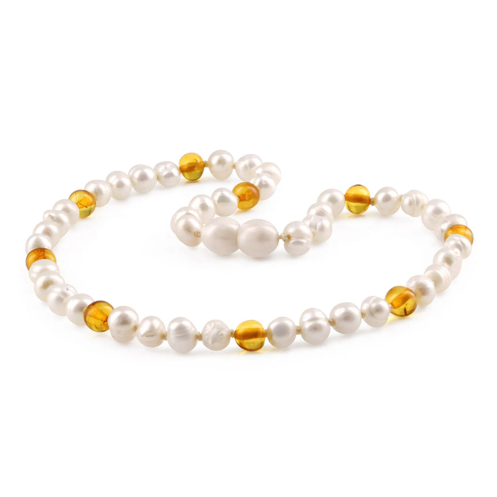 White Freshwater Pearl Kids Necklace with Baltic Amber 6mm - P2