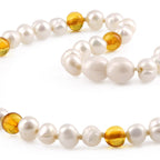 White Freshwater Pearl Kids Necklace with Baltic Amber 6mm - P2