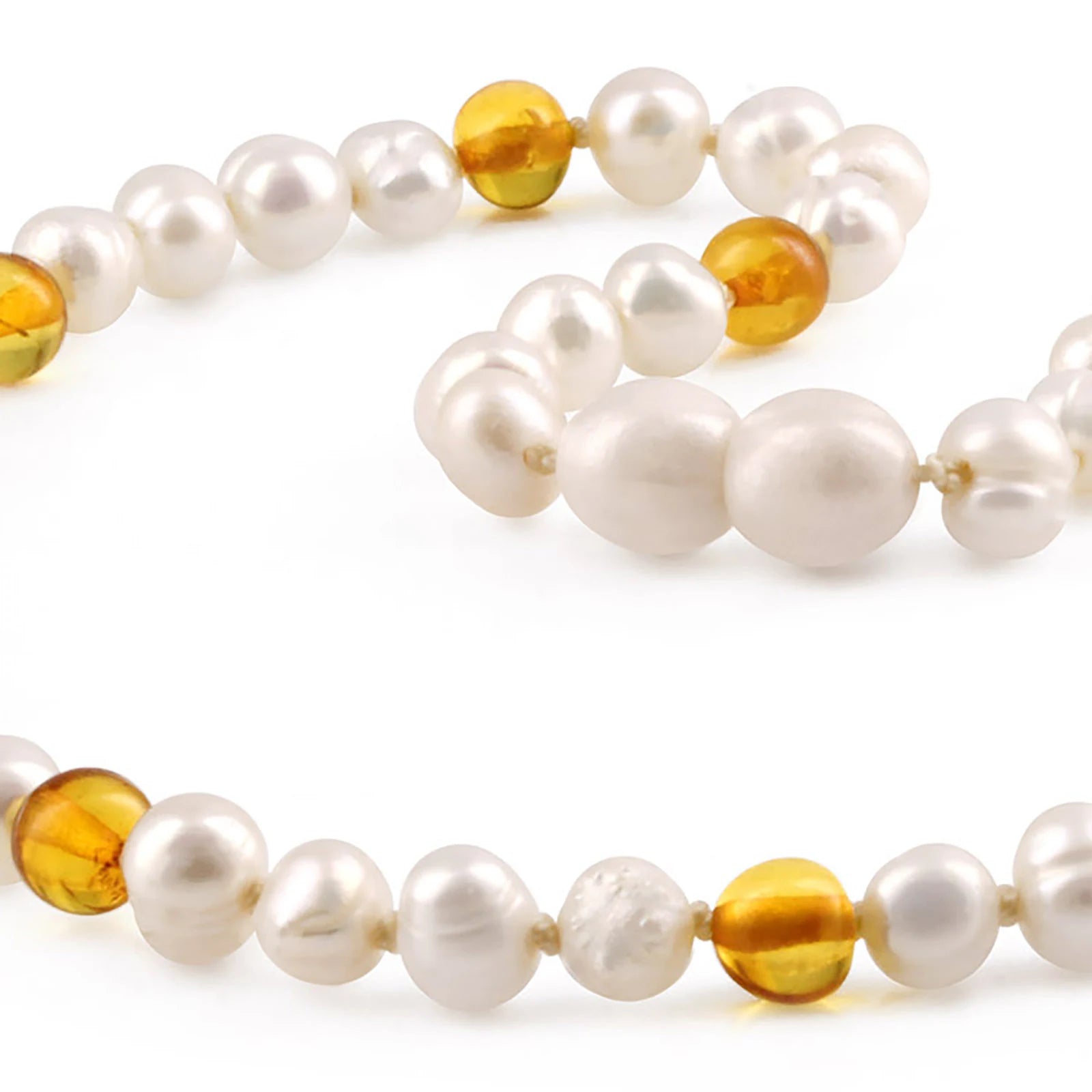White Freshwater Pearl Kids Necklace with Baltic Amber 6mm - P2