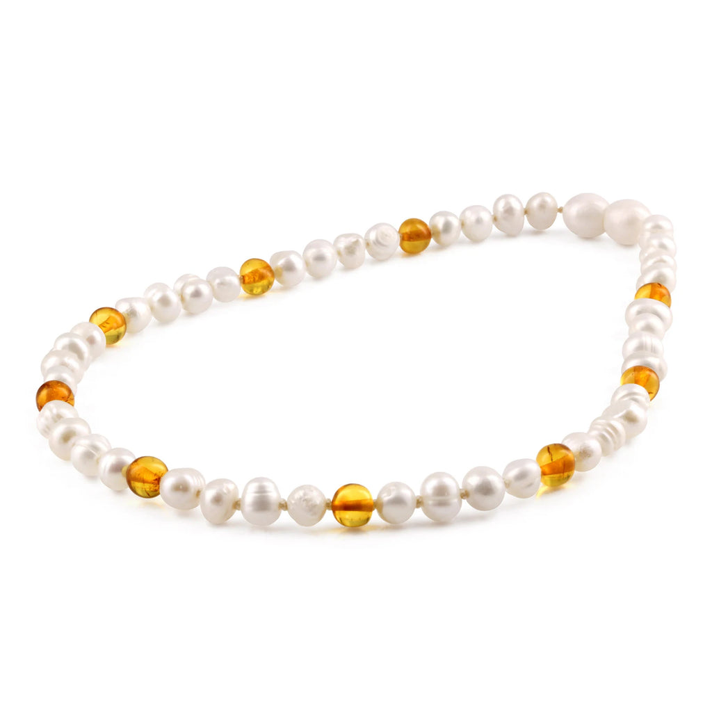 White Freshwater Pearl Kids Necklace with Baltic Amber 6mm - P2