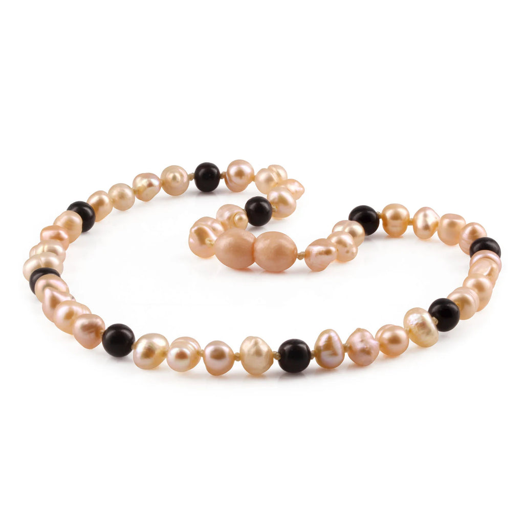 White Freshwater Pearl Kids Necklace with Baltic Amber 6mm - P4