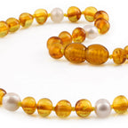 Baltic Amber Teething Necklace with Freshwater Pearl. Baroque 6mm - P1