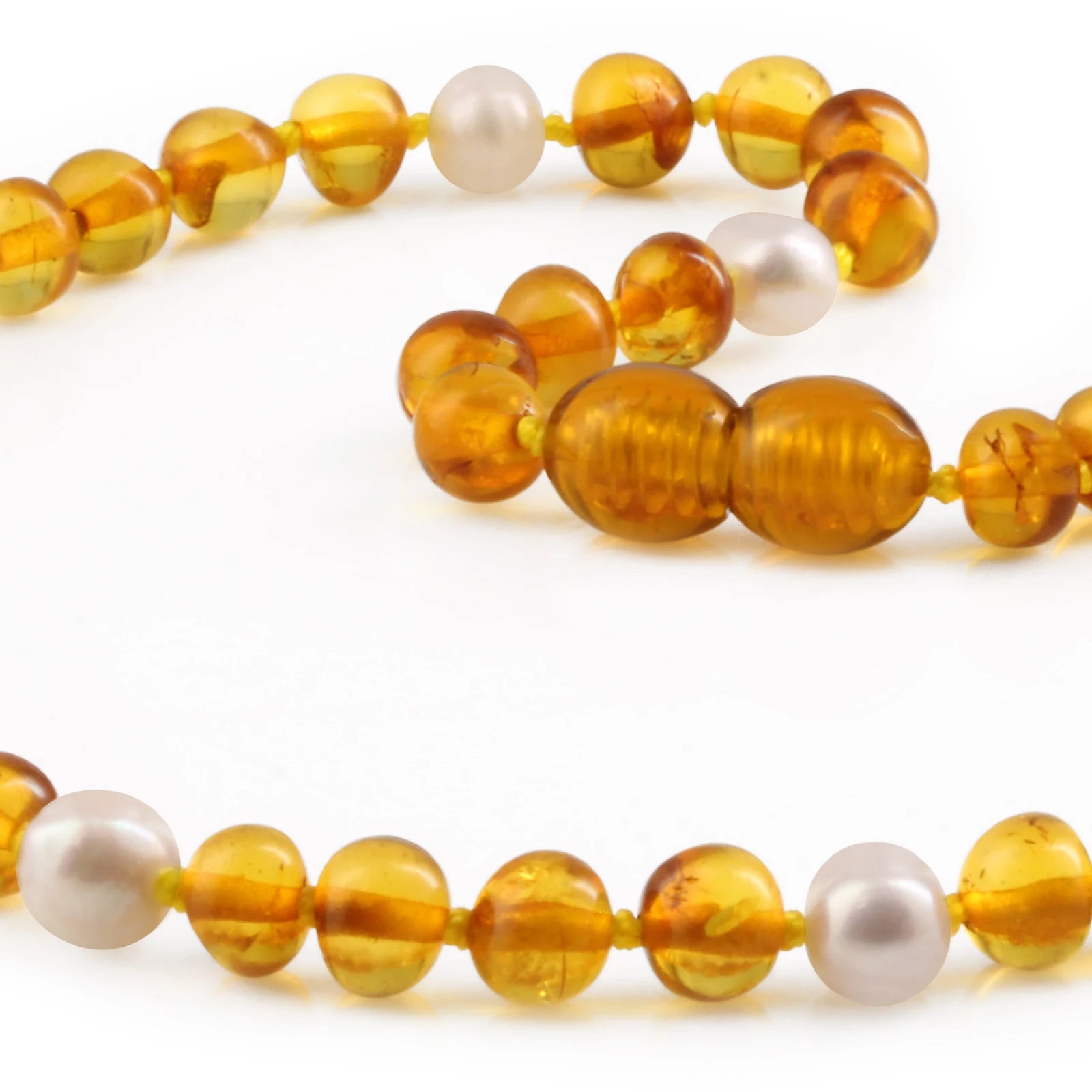 Baltic Amber Teething Necklace with Freshwater Pearl. Baroque 6mm - P1