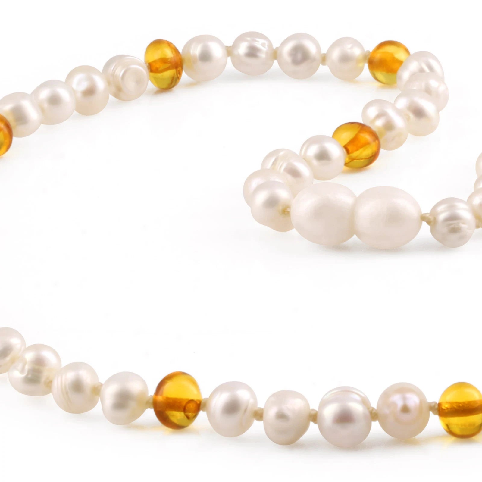 White Freshwater Pearl Adult Necklace with Baltic Amber 6mm - P2