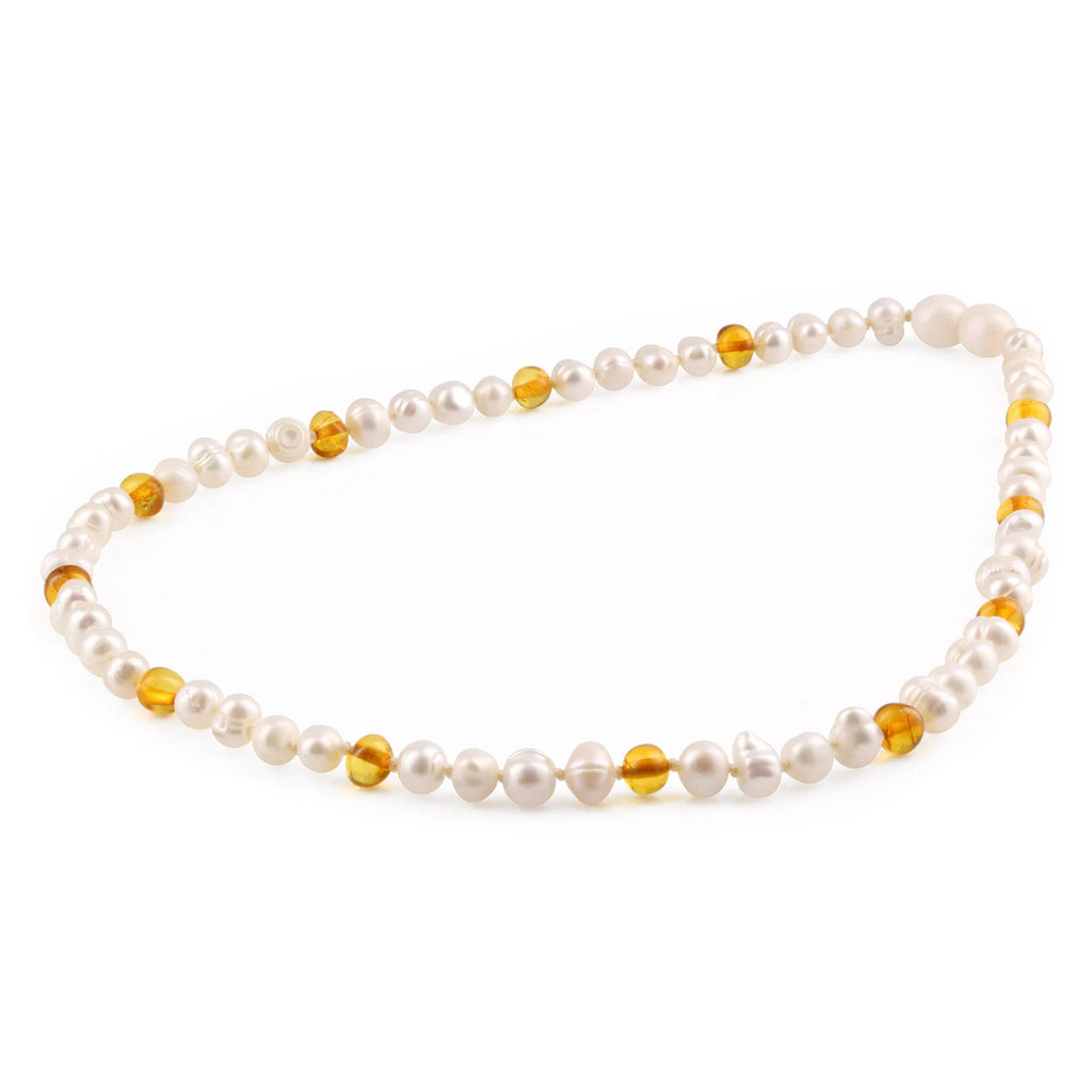 White Freshwater Pearl Adult Necklace with Baltic Amber 6mm - P2