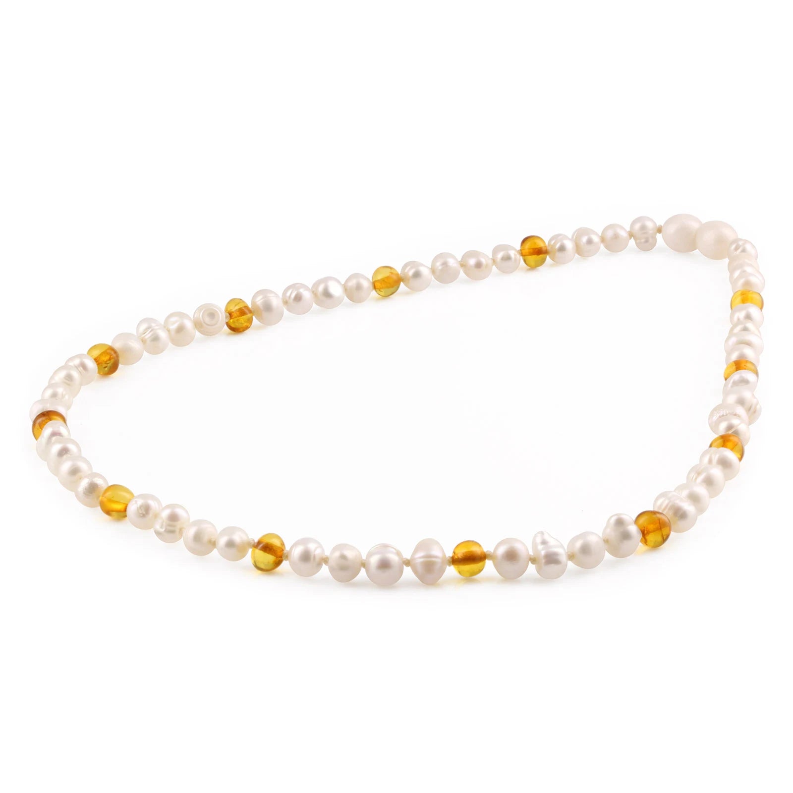 White Freshwater Pearl Adult Necklace with Baltic Amber 6mm - P2