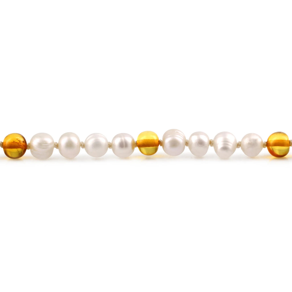 White Freshwater Pearl Kids Necklace with Baltic Amber 6mm - P2