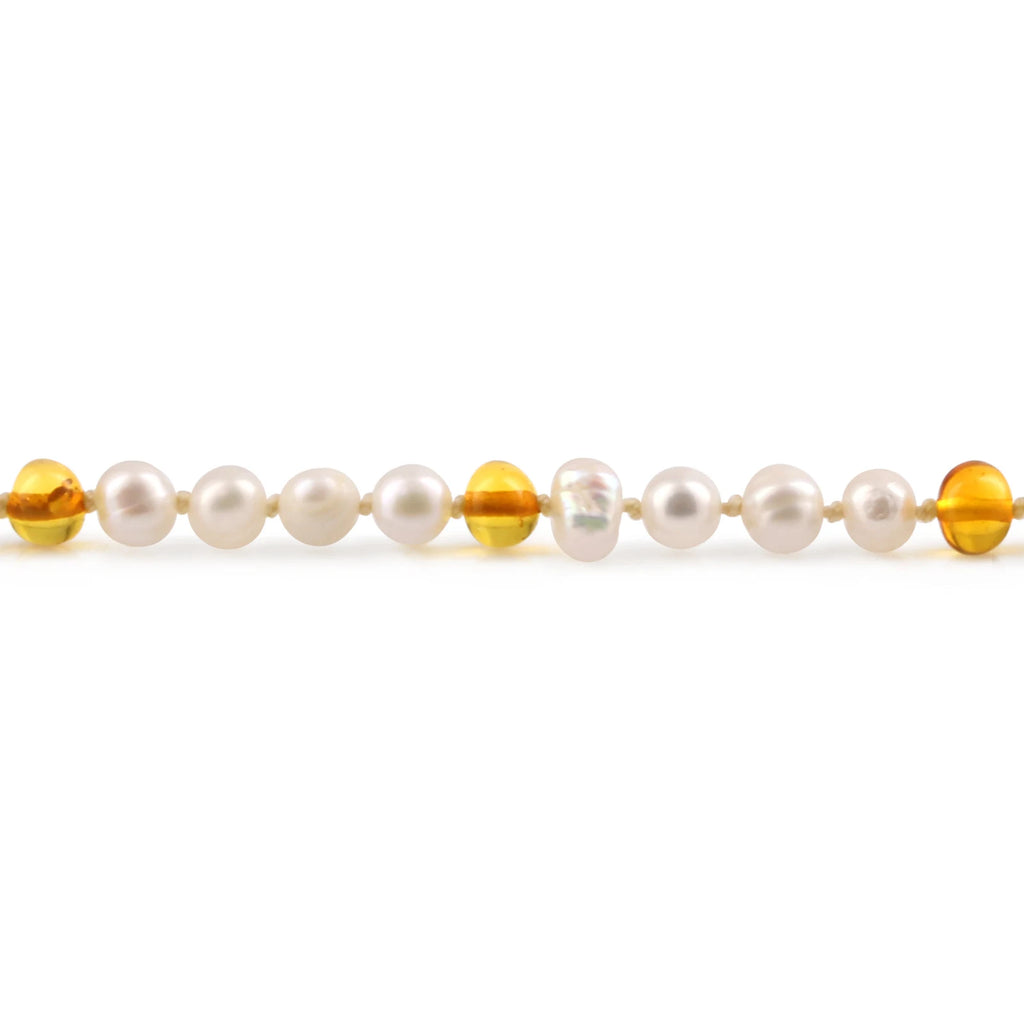White Freshwater Pearl Adult Necklace with Baltic Amber 6mm - P2